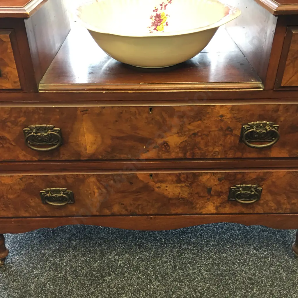 Edwardian Walnut & Burr Walnut Dressing Table, Carved, Bevelled Oval Mirror, Original Handles & Castors, H176 W107 D49cm Image 1++